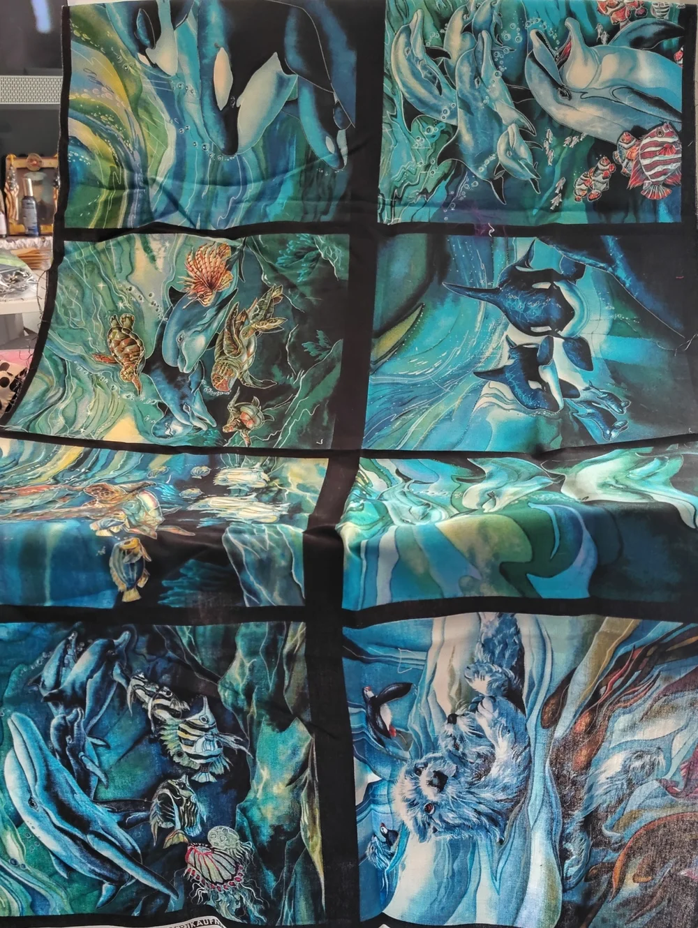 Underwater Marine Life Fabric Panel - Blue Teal Ocean Print
